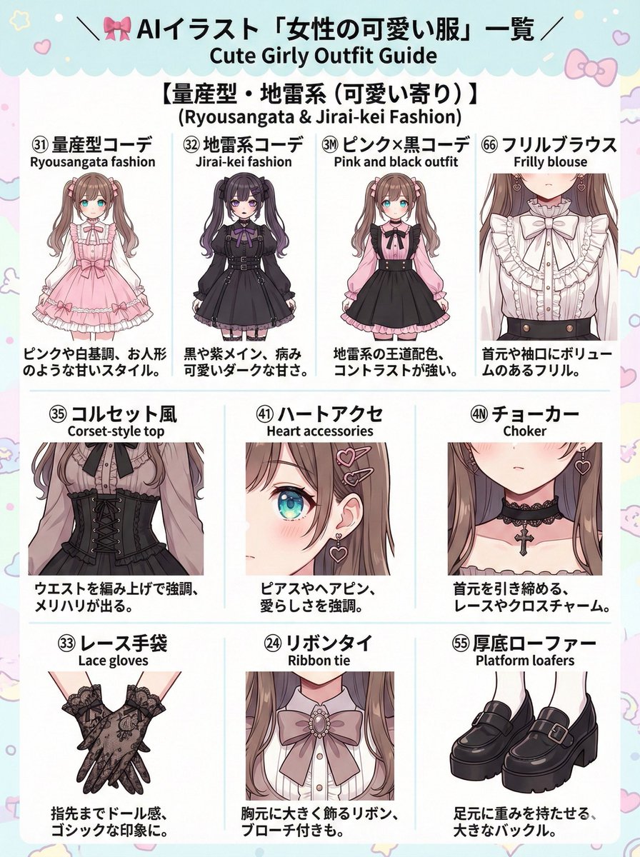 kantakanta1233's tweet image. 🎀AIイラスト可愛い系服装一覧②

元々自分用に作っていたまとめなので、
ちょっと表記がズレている所があるかもですが気にせずどうぞ〜🙌✨

※英語プロンプト付きなので、すぐ使えます！