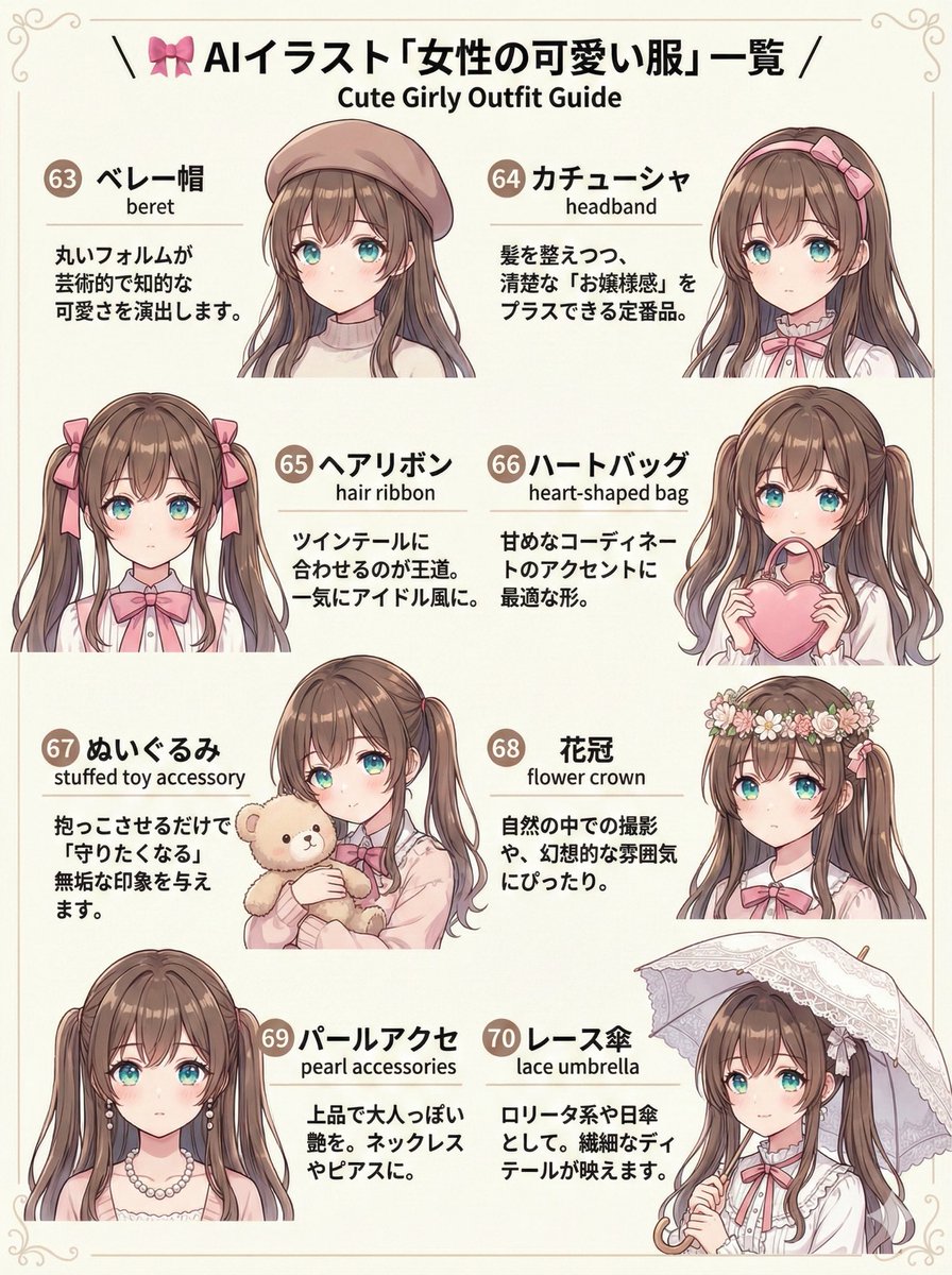 kantakanta1233's tweet image. 🎀AIイラスト可愛い系服装一覧②

元々自分用に作っていたまとめなので、
ちょっと表記がズレている所があるかもですが気にせずどうぞ〜🙌✨

※英語プロンプト付きなので、すぐ使えます！