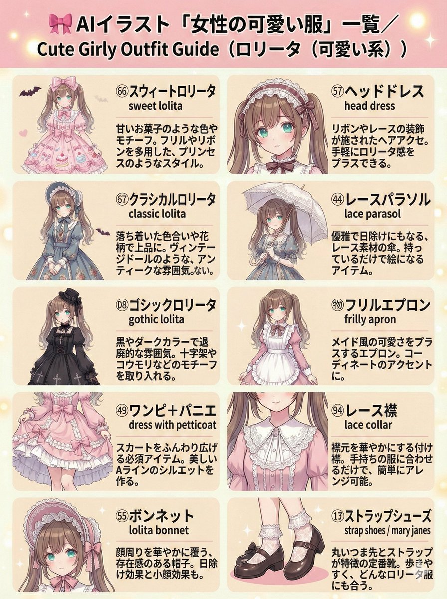 kantakanta1233's tweet image. 🎀AIイラスト可愛い系服装一覧②

元々自分用に作っていたまとめなので、
ちょっと表記がズレている所があるかもですが気にせずどうぞ〜🙌✨

※英語プロンプト付きなので、すぐ使えます！