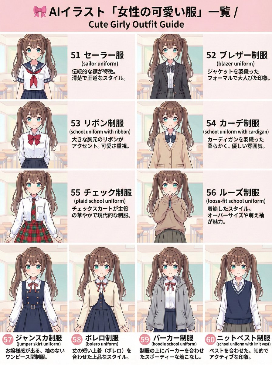 kantakanta1233's tweet image. 🎀AIイラスト可愛い系服装一覧②

元々自分用に作っていたまとめなので、
ちょっと表記がズレている所があるかもですが気にせずどうぞ〜🙌✨

※英語プロンプト付きなので、すぐ使えます！