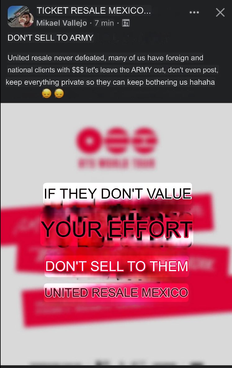 mxcharts's tweet image. Dear international ARMY, please don’t buy tickets from Mexican resellers.

Since most Mexican ARMY are refusing to buy from them, they are now trying to sell those tickets to foreigners and non-ARMYs.

They even have the audacity to say, “If they don’t value our effort, don’t…