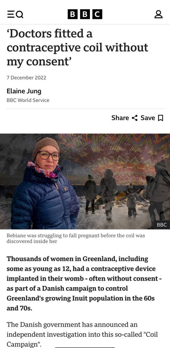 Nancy023922191's tweet image. Thousands of women in Greenland, some as young as 12, had a contraceptive device implanted in their womb as part of a Danish campaign to control Greenland's Inuit population.

It was called the Coil Campaign.
We call it a Depopulation agenda. 

~ Deep Dives
