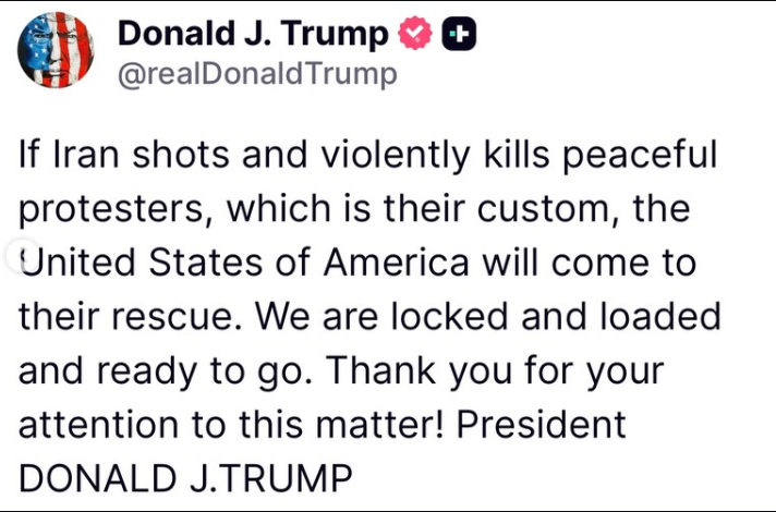 🇺🇸 Donald Trump animaba a los manifestantes de Irán a seguir protestando y desafiar a la autoridad, mientras defiende las ejecuciones públicas del ICE en Estados Unidos.

Curioso.
