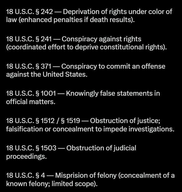 YourAnonCentral's tweet photo. Intentional false statements used to justify a killing or conceal it, breaks the following US criminal codes:

18 U.S.C. § 242
18 U.S.C. § 241
18 U.S.C. § 371 
18 U.S.C. § 1001 
18 U.S.C. § 1512 / § 1519 
18 U.S.C. § 1503
18 U.S.C. § 4 

https://t.co/7yPsPKfDG9 https://t.co/qEd0MHyn6E
