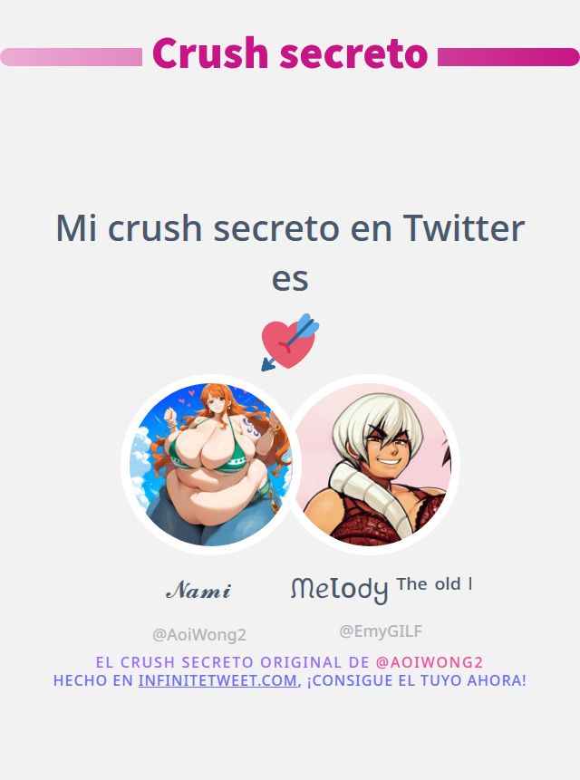 Mi crush secreto en Twitter es <a href="/EmyGILF/">ᙏᥱꙆoᑯყ ᵀʰᵉ ᵒˡᵈ ˡᵃᵈʸ</a>

➡️ infinitetweet.me/secret-crush?l…