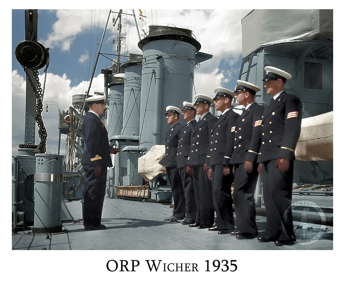 This is a still from the 1935 film "Rapsodia Bałtyku" , which featured authentic Navy cadets alongside professional actors. From the left, the actors are: Jerzy Marr, Adam Brodzisz, and Mieczysław Cybulski. Next in line, third from the right, is Marian Mokrski. The names of the