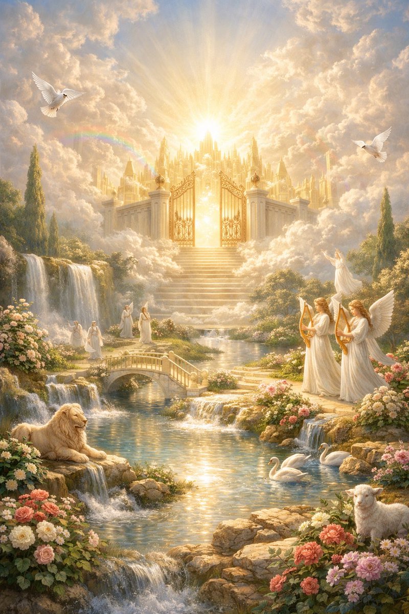 Cenneti kuran ve diger dinlerde anlatildigi gibi bir tasvirle gorselini yapar misin? #YapayZeka #ChatGPT #cennet