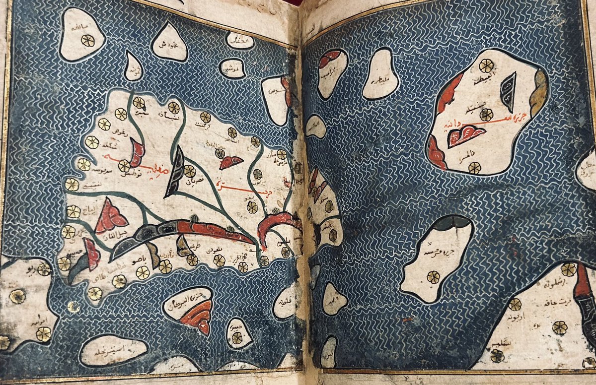 This extraordinary manuscript is the “Nuzhat al-mushtaq” written by the Maghribi geographer al-Idrisi (12th c.) for Roger II of Sicily. 
Only ten copies survive; this one, made in North Africa in late 13th–early 14th c., and brought from Egypt, is the oldest extant.
[BnF Ar.2221]