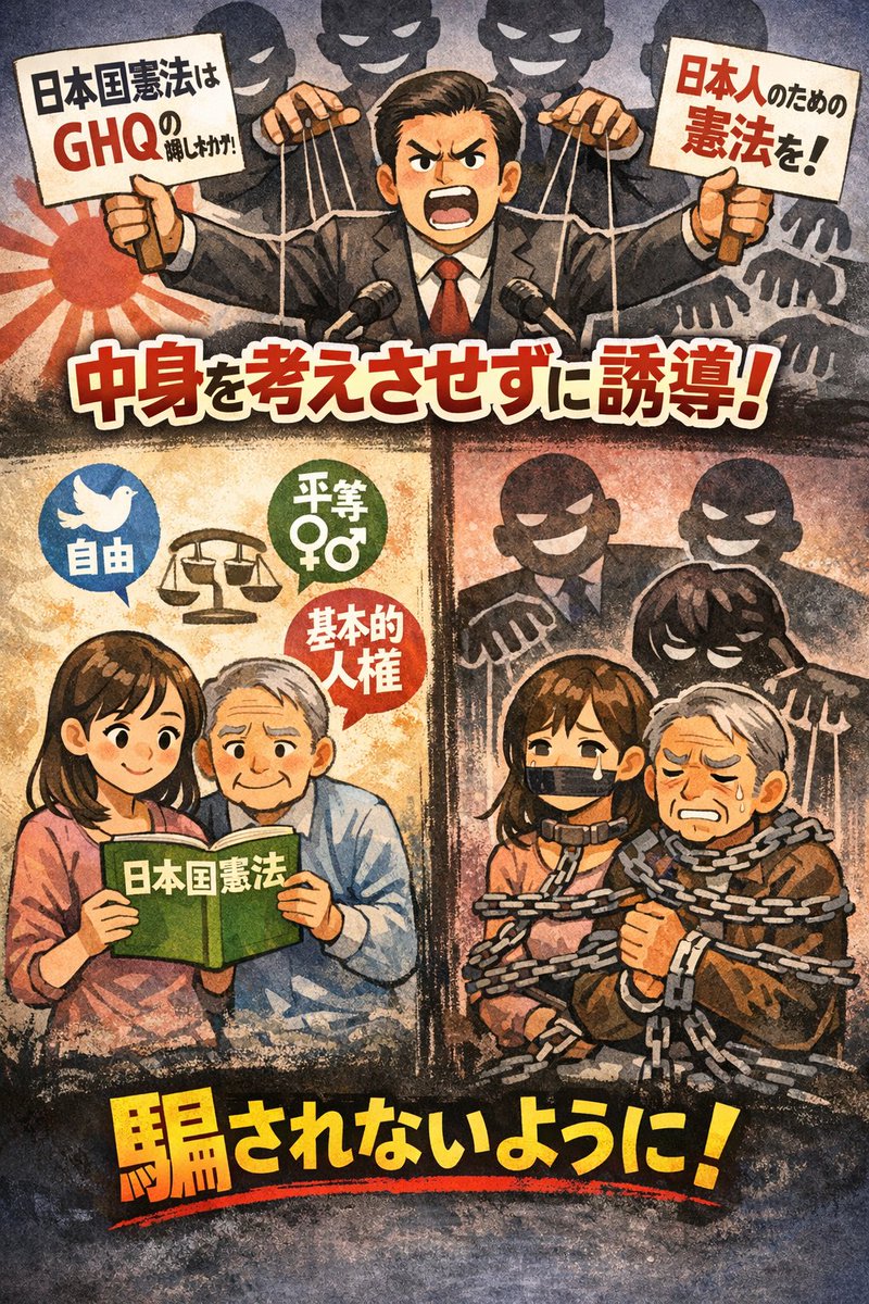「日本国憲法はGHQの押し付け。日本人のための憲法を！」という言説は、現憲法で守られている人権を剥奪したい勢力による「現憲法の中身を考えさせずに誘導する」ためのレトリックです。特に自称「愛国者」のエセ保守がこの誘導の役割を担っています。