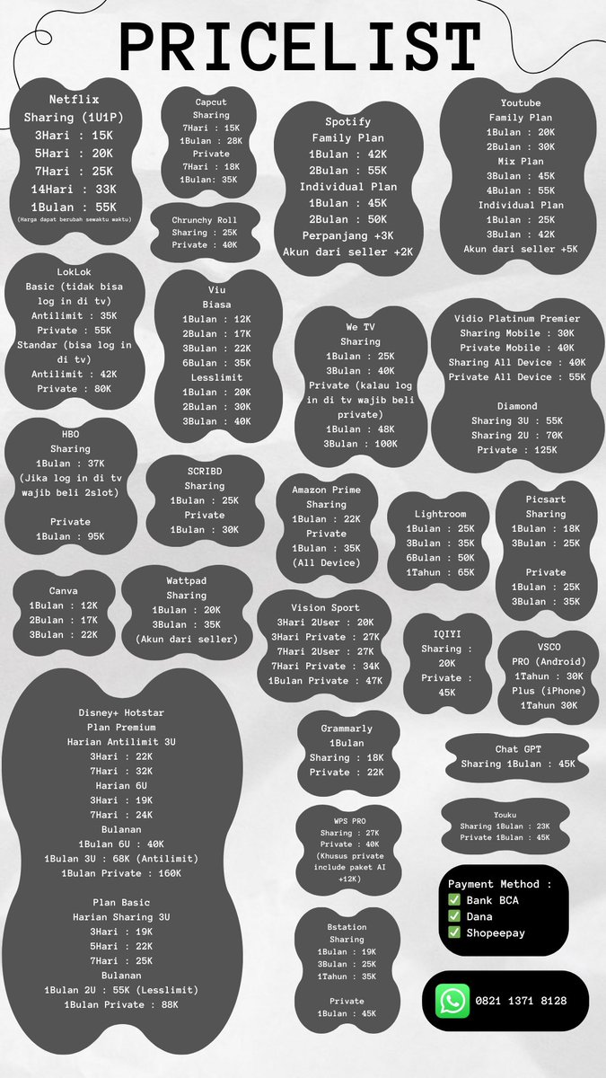hiitsoydisapps's tweet photo. New pricelist guys😁 #netflix #spotifypremium #youtubepremium #remini #viu #wetv #vidio #primevideo #jualnetflix #jualnetflixmurah #canvapro #vscopro #remini #zonauang #zonajajan #zonaBU #wtb #wts #disneyhotstar https://t.co/4vsrwjJERg