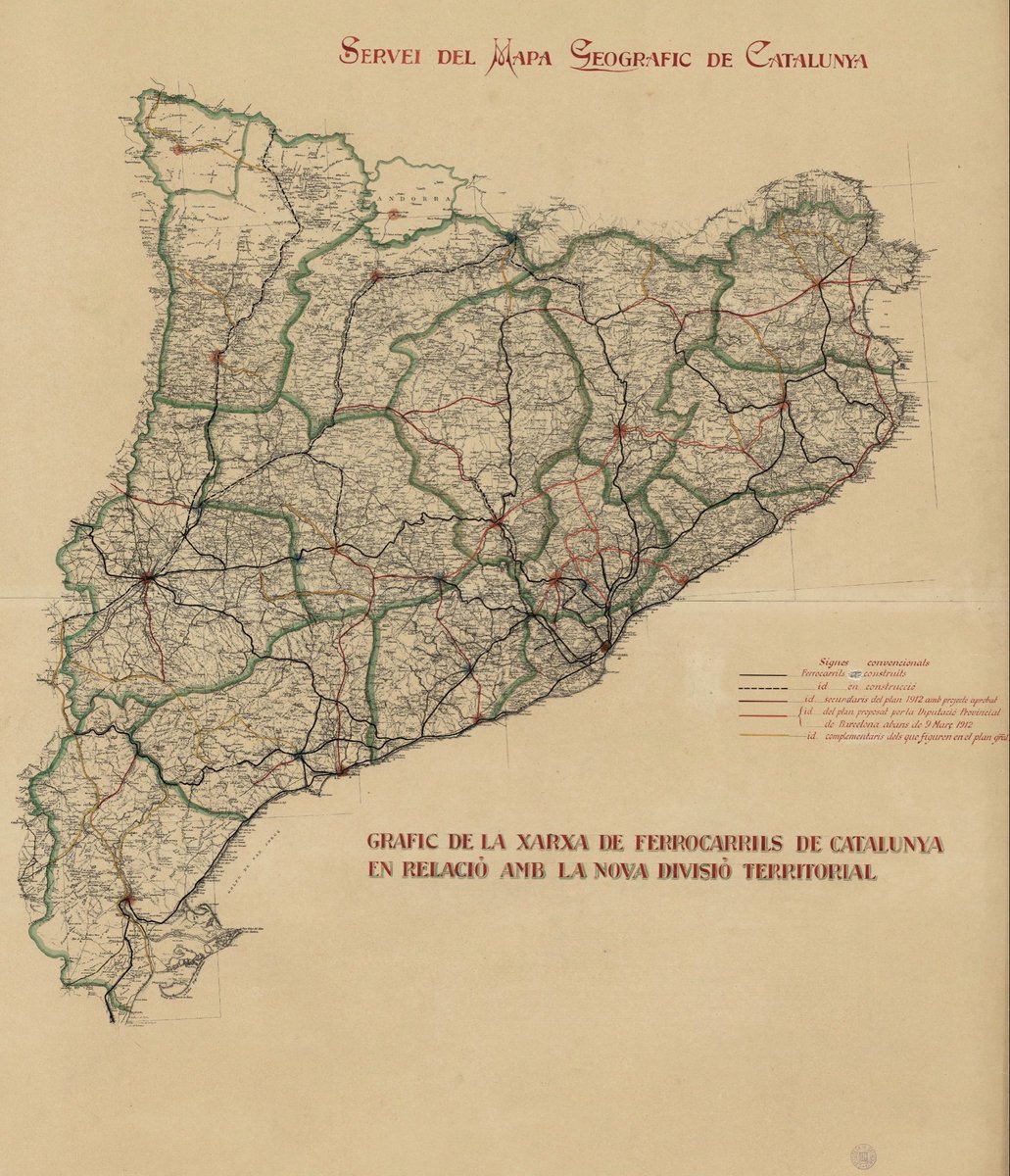 🚂 Xarxa de Ferrocarrils de Catalunya 1919. 

Dissenyada per la Mancomunitat per a connectar el projecte de nova divisió territorial catalana per agrupacions naturals i històriques de comarques, creant 15 àrees interconnectades per tren. 

 🗺️ Institut Cartogràfic de Catalunya