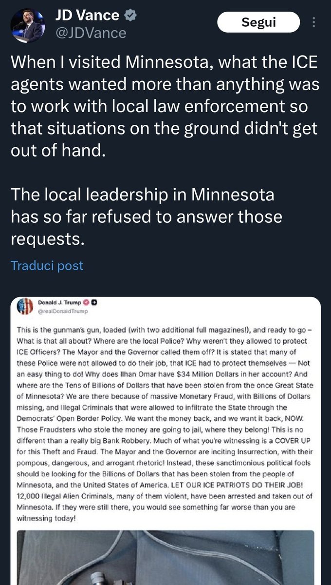 Diciassette giorni fa Renee Good, oggi Alex Pretti. Due cittadini americani, entrambi 37 anni, entrambi a Minneapolis. E la stessa identica risposta da parte dell'amministrazione Trump.

Nel giro di poche ore dal fatto il DHS parla di qualcuno che voleva "massacrare le forze
