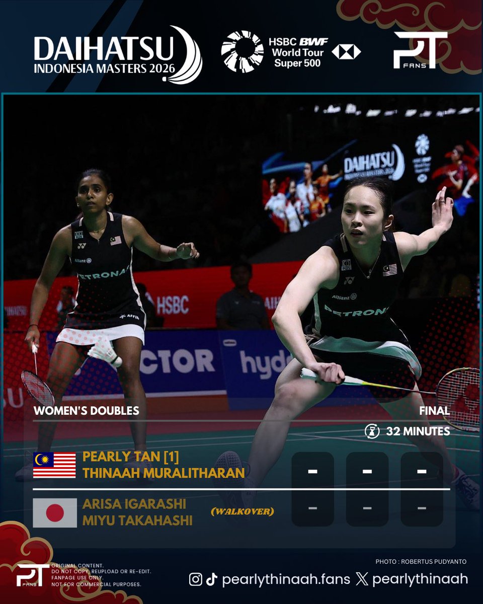 pearlythinaah's tweet photo. Champion! A bittersweet victory, but a victory nonetheless ✨

This triumph is a celebration of the hard work, resilience &amp; determination showed at every stage of the Indonesia Masters 🙌🏻 

Every challenge faced, test overcome, lesson learned 🌸🌼

#IndonesiaMasters2026 #PearThin https://t.co/VJ8uWcbRU5