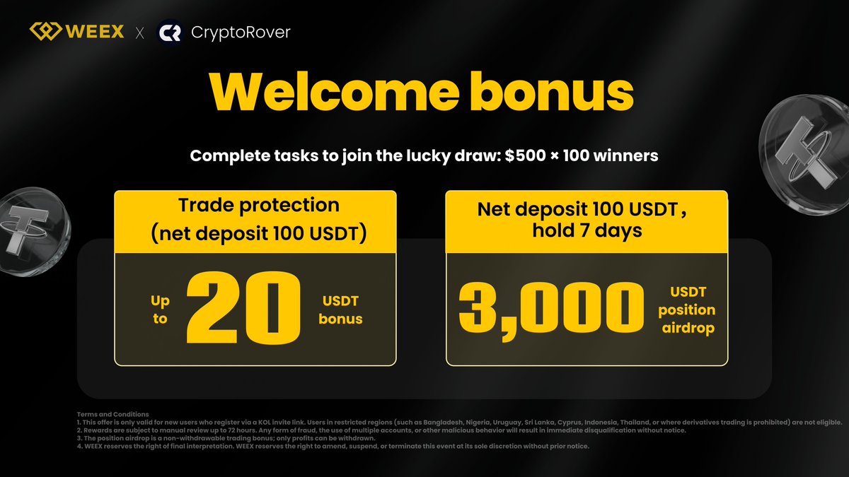 You can now participate in the lucky weekly draw from WEEX. $500 bonus for  x 100 lucky winners. 🏆 You can sign up & start trading below!  https://t.co/gfdd2MupZ2