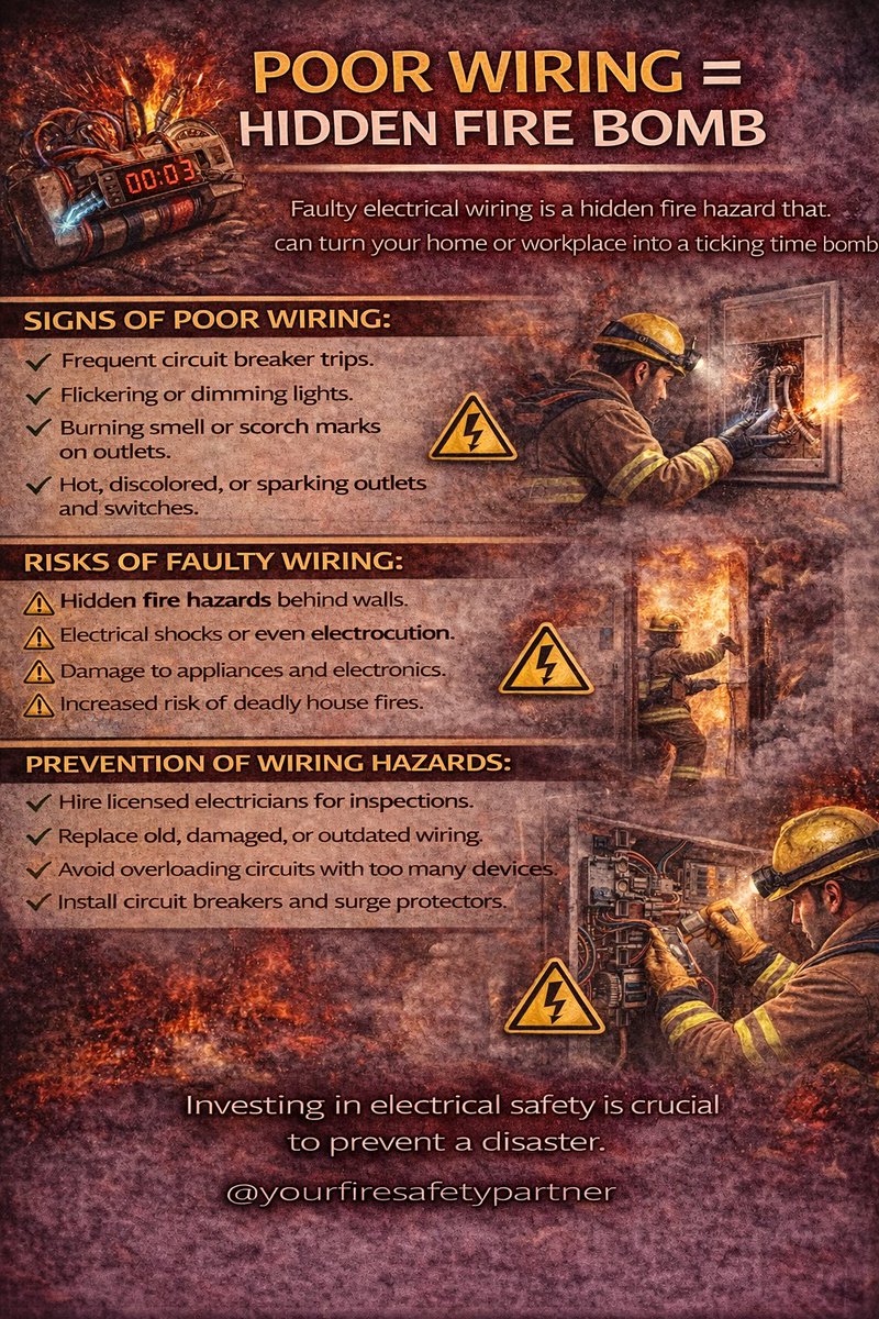 firesafetytips's tweet photo. ⚠️ One loose wire. One spark. One disaster.
Poor wiring doesn’t warn — it explodes when you least expect it.
Don’t wait for smoke to tell you.
Fix it. Inspect it. Prevent it. 🔥⚡
Stay safe. https://t.co/4874e3Tqqa