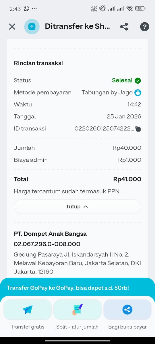 SigitMargianto's tweet photo. @gopayindonesia 

Nggak worth it tf shopee pay @ShopeePay_ID pake gopay, isi 40 rb bayarnya 41, yang masuk shopee pay 39rb 😅

Bilang aja adminya 2000 kali
Jadinya kan nggak kurang pas tf https://t.co/91mFn2qxjO