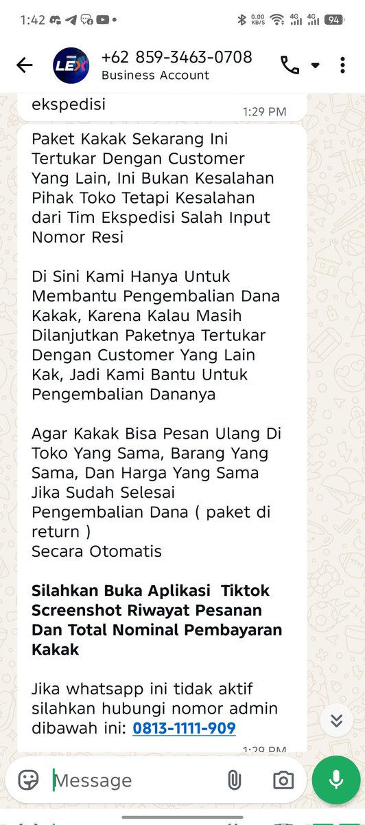 ASetyawati's tweet photo. 🙅‍♀️SCAM ALERT🙅‍♀️
Hati-hati penipuan mengatasnamakan TikTok Shop. Modus: paket tertukar, chat via WhatsApp, minta screenshot pesanan &amp; janji refund.
❌ TikTok Shop tidak pernah urus refund di luar aplikasi.
#WaspadaPenipuan https://t.co/D1BQcMZBfD