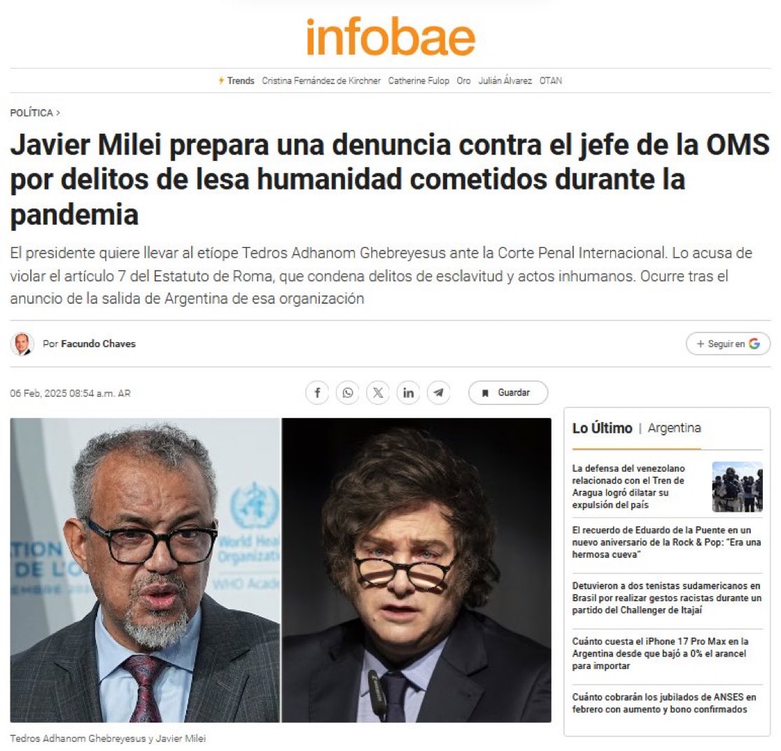 frei_geist_'s tweet image. Hammer: 

Argentiniens Staatschef bringt WHO Chef Tedros vor den Internationalen Strafgerichtshof wegen Verbrechen gegen die Menschlichkeit:

Javier Milei wirft Tedros Adhanom Ghebreyesus und der WHO vor, während der COVID-19-Pandemie durch die Empfehlung und Koordinierung von…