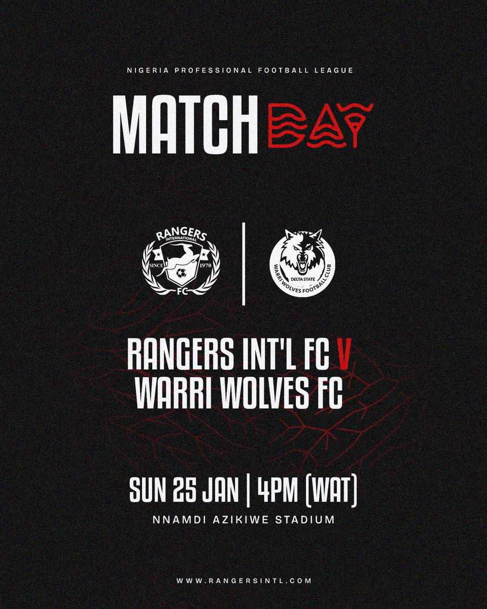 Rangers_Intl's tweet photo. Matchday!โช๏ธ๐ด
Vs Warri Wolves FC
Sunday 25, January 2026
๐ 4PM
๐ Nnamdi Azikiwe Stadium Enugu
https://t.co/vz3FX2KZmp
Buy your ticket ๐๐ฟ
#NPFL26 #RANWAR
#NkeaBuNkeAnyi #NeverSayDie https://t.co/g5FKwzPoPP