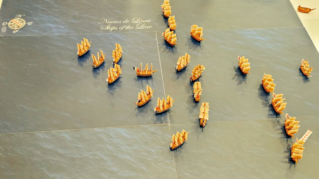 DavidBenRic's tweet photo. Ayer en las #BellotaCon26 partida a Navíos de Línea con las minis pintadas que nos dejó Crisanto de @trafalgarEd Victoria de la armada franco-española en el Cabo Finisterre. Los ingleses aprenden lo que se tarda en girar con estos navíos https://t.co/xK1xRKGwrg