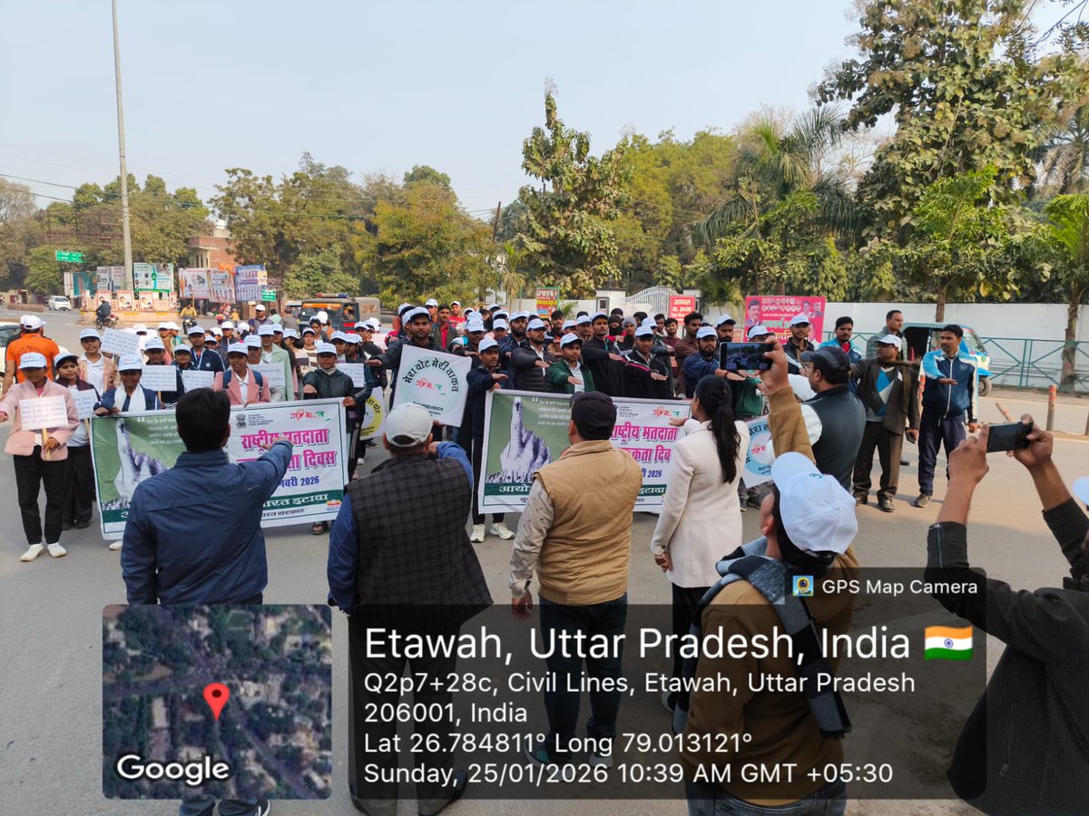 GeogNeeraj's tweet photo. @_NSSIndia volunteers of @NSSRDUPUK @nsscsjmccspgetw organised #Mybharatmyvote &amp; voter padyatra with collaboration of @mybharatgov etawah &amp; other nss units of etw Under guidance of sveep coordinator etawahDr neeraj kumar @UPGovt @Uppolice @ceoup @ECISVEEP @askabir_in @PCITweets https://t.co/UNw0ns10Nj
