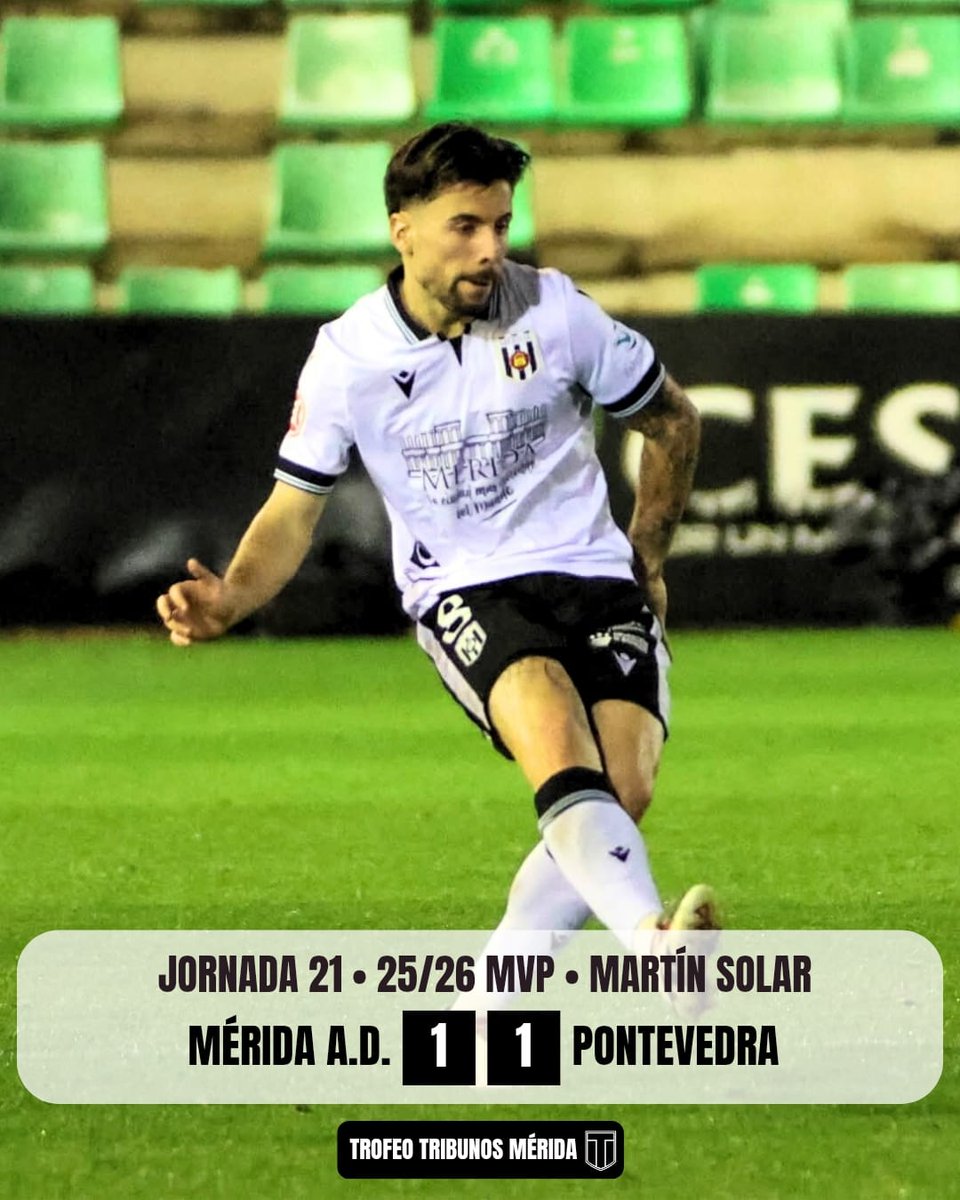 <a href="/Merida_AD/">A.D. Mérida</a> 1 - 1 Pontevedra
Gol: ⚽ <a href="/raulbeneit2607/">Raul Beneit Romero</a>
Puntos de la jornada 21:
3 MVP 🧠 <a href="/martinsolar10/">Martín Solar</a>
2 ⚒️ <a href="/raulbeneit2607/">Raul Beneit Romero</a>
1 🌪️ <a href="/OCastellano10/">OscarChiqui7</a>
Mención especial para Artola