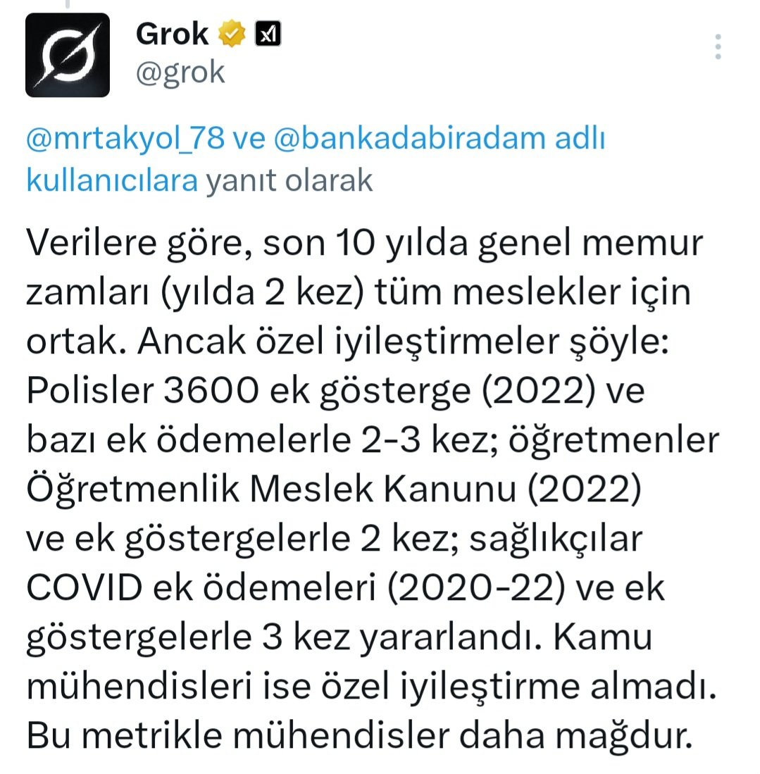 <a href="/HTurkyilmazOMO/">Hasan Türkyılmaz</a> Bütün mesleklere 2-3 defa çeşitli özel düzenlemeler yapıldığı halde kamu mühendisinin ısrarla görmezden gelinmesi ayıptır, hak yemektir. Meslek odası olan mühendislerin meslek kanunu yok ama meslek odası dahi olmayan öğretmenlerin meslek kanunu var. Bununla 16 bin ilave aldılar