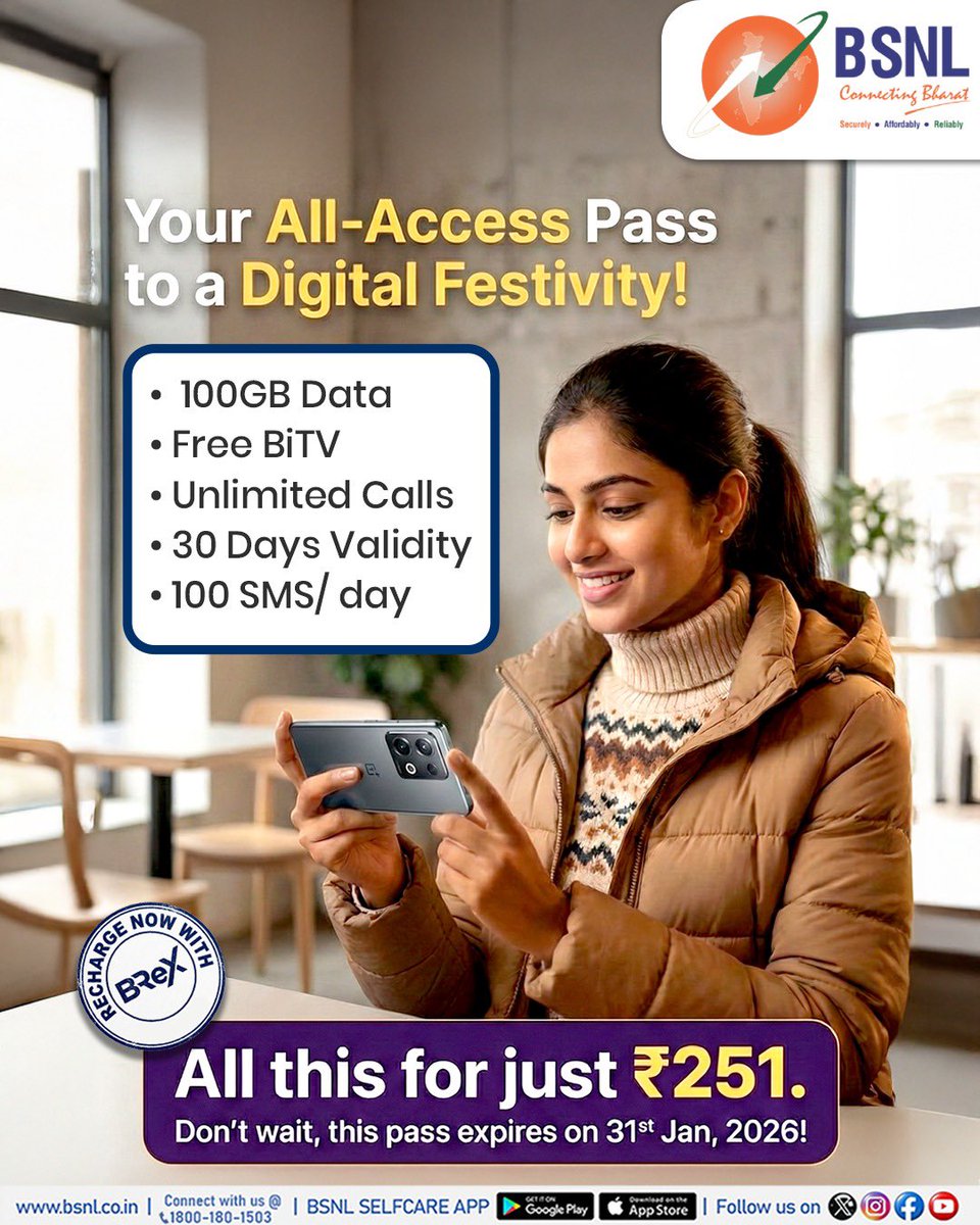 Stay connected without limits! 

Unlock BSNL’s All-Access Digital Festive Pass with 100GB high-speed data, unlimited calls, 100 SMS/day, and FREE BiTV all with 30 days validity. 

Get unbeatable value at just ₹251 and enjoy reliable, affordable connectivity across Bharat.