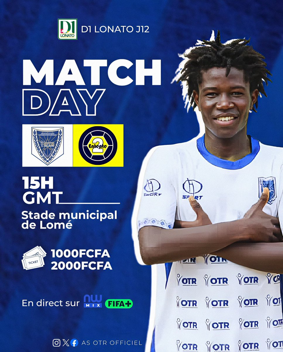 𝑱𝑶𝑼𝑹 𝑫𝑬 𝑴𝑨𝑻𝑪𝑯 🔥⚽
1️⃣2️⃣ème Chapitre du Championnat de D1 LONATO  pour l'AS OTR  qui accueille l'ENTENTE II dans le 𝑫𝑬𝑹𝑩𝒀  au Stade Municipal de Lomé ⚔️
🕘 15:00
📺 NWMIX
📲 FIFA+
🤍🩵💛
<a href="/FtfTogolaise/">FTF-Fédération Togolaise de Football</a>