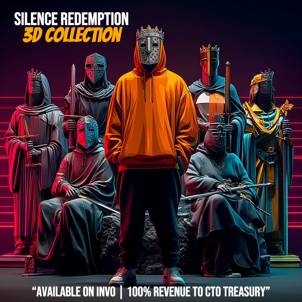 Witness the silence.
The first-ever 3D models from the Silence Redemption cult are here.
Collect masks, swords, and guardians.
100% revenue goes to the CTO treasury.
Explore &amp; own a piece of the legend: invo.agency/shop/silence