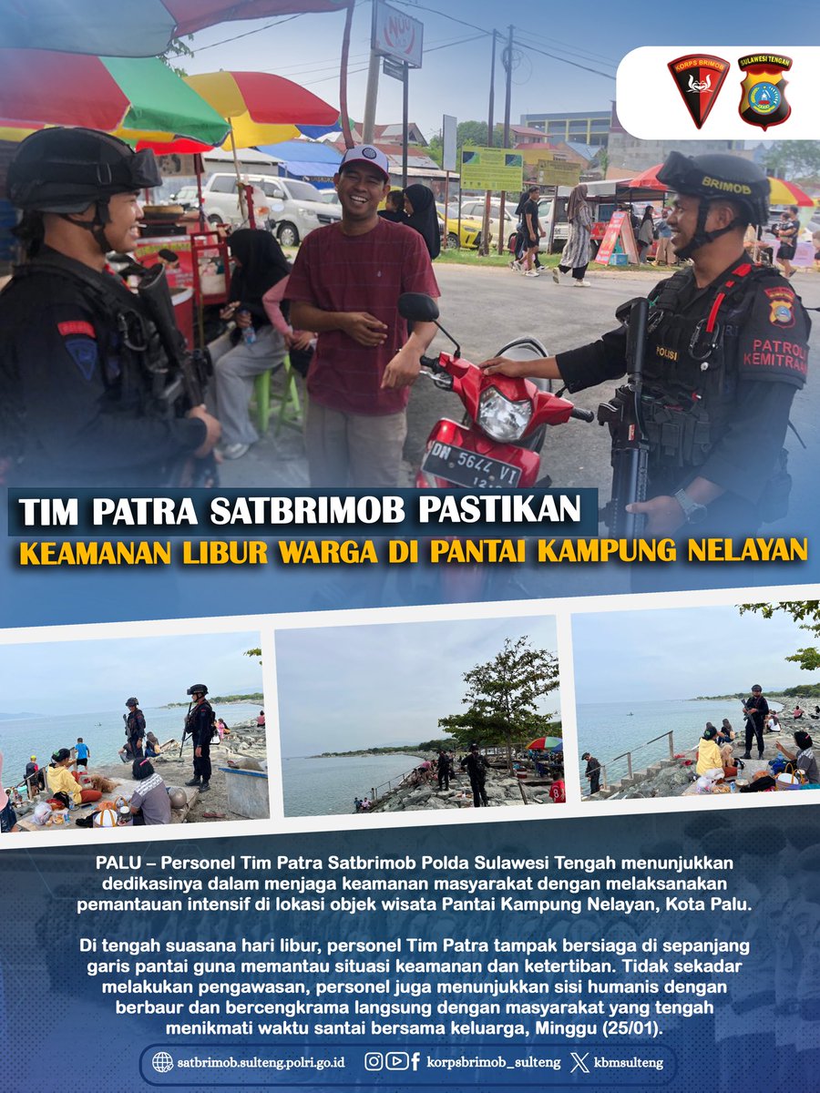 PALU – Personel Tim Patra Satbrimob Polda Sulawesi Tengah menunjukkan dedikasinya dalam menjaga keamanan masyarakat dengan melaksanakan pemantauan intensif di lokasi objek wisata Pantai Kampung Nelayan, Kota Palu.