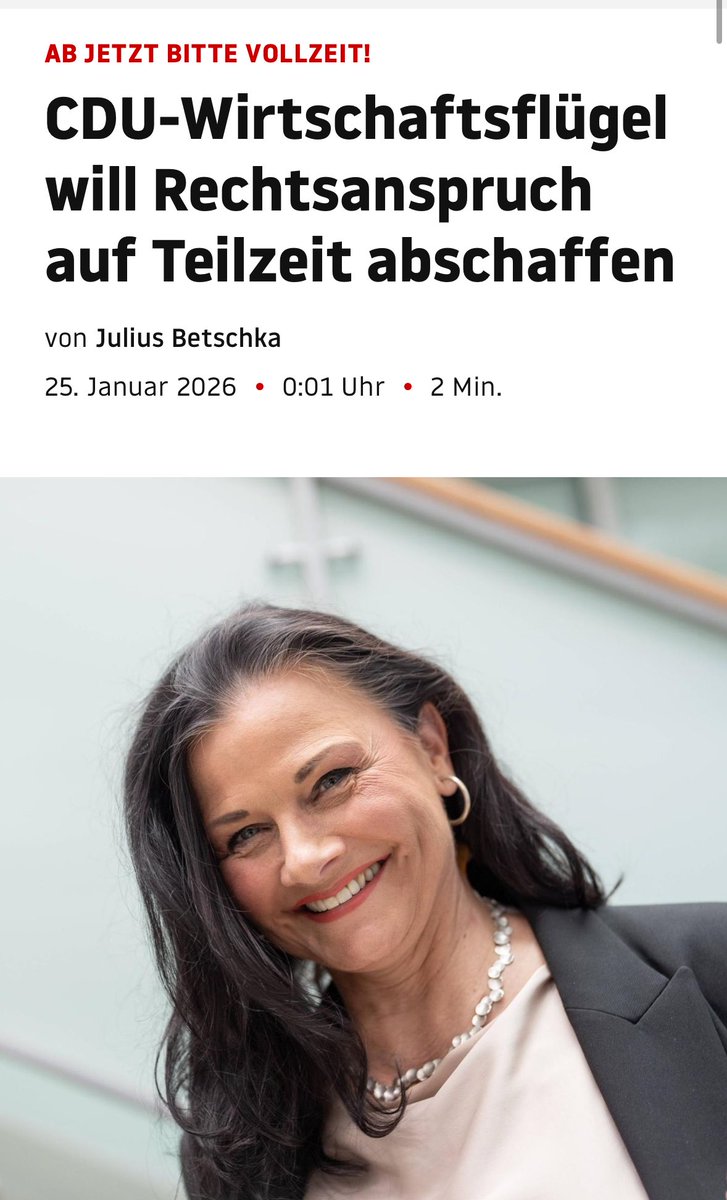 JuliusBetschka's tweet photo. 🔴Exklusiv: Wirtschaftsflügel der CDU will auf Parteitag den Rechtsanspruch auf Teilzeit kippen - und diesen auf Situationen wie Pflege, Erziehung & Fortbildungen beschränken.
Die Zahl der Teilzeitler war zuletzt auf mehr als 40 Prozent der Arbeitnehmer gestiegen, immer mehr arbeiten freiwillig weniger wegen der Work-Life-Balance. Diesen Trend will man drehen. „Wer mehr arbeiten kann, sollte mehr arbeiten“, sagte Gitta Connemann @sternde.
Hintergrund der Debatte sind der Fachkräftemangel, drohende Altersarmut für Teilzeitler & die Kritik, dass diese Menschen weniger in die Sozialsysteme einzahlen, aber die vollen Leistungen beziehen.
Link: https://t.co/kPgCIqrJO9