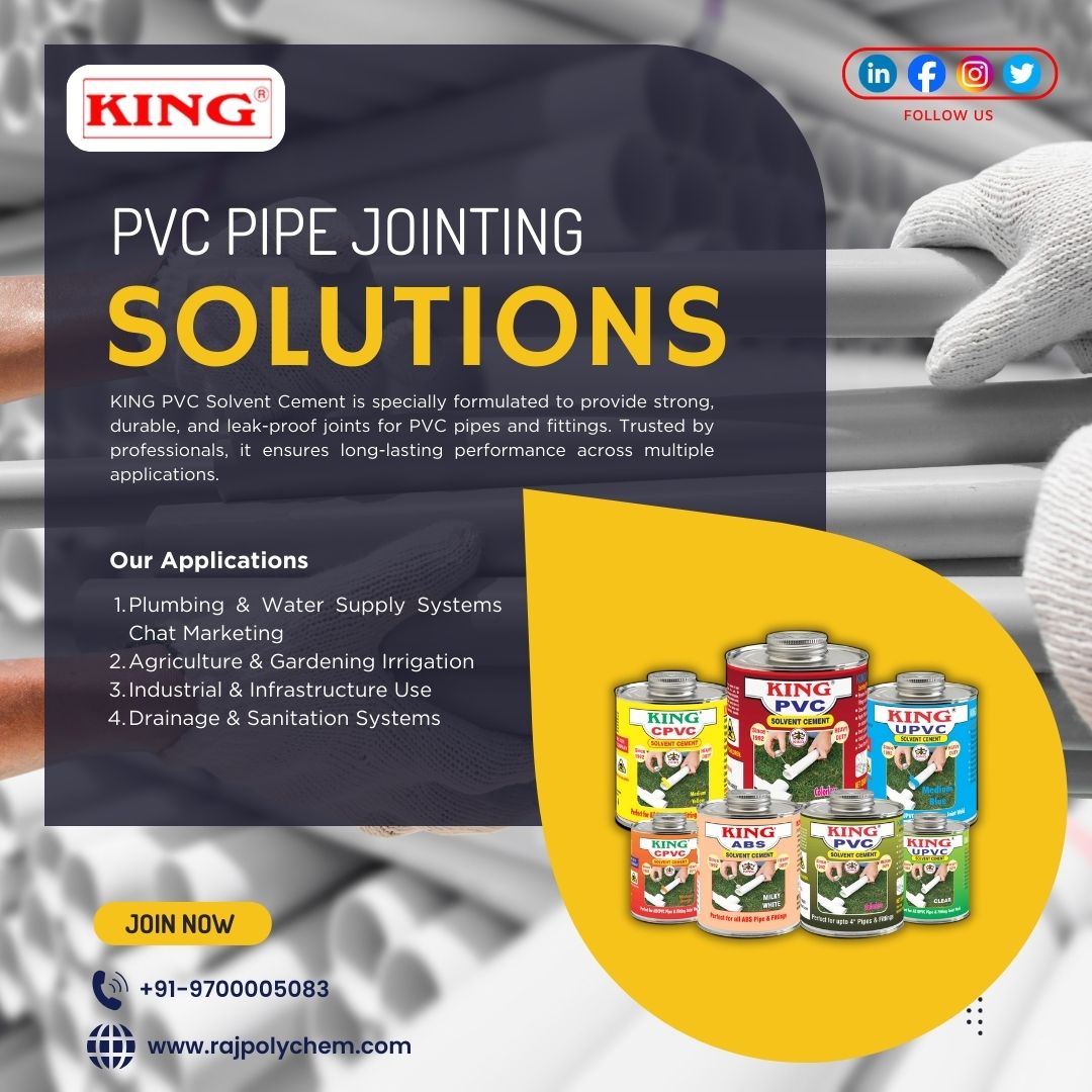 rajpolychem's tweet image. PVC pipe jointing solutions made to last.
KING PVC Solvent Cement ensures strong, durable &amp;amp; leak-proof joints across plumbing, irrigation &amp;amp; industrial systems.
📞 +91 9700005083
🌐 rajpolychem.com
#KINGPVC #PVCPipes #PVCSolventCement #PipeJointing #Plumbing #Irrigation