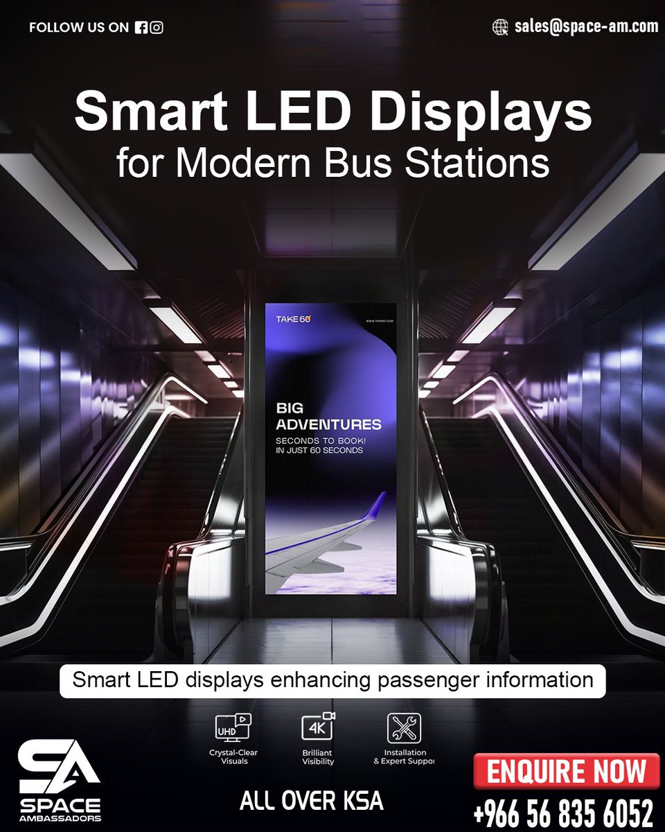 SpaceAm2023's tweet image. Enhance passenger information with smart, high-visibility LED displays.
Enquire Now: +966 56 835 6052

#LEDPosterDisplay #LEDPosterScreen #DigitalPosterDisplay #IndoorLED
#CommercialLED #RetailDisplay  #ShowroomDisplay  
#BrandVisibility #BusinessBranding #spaceambassador