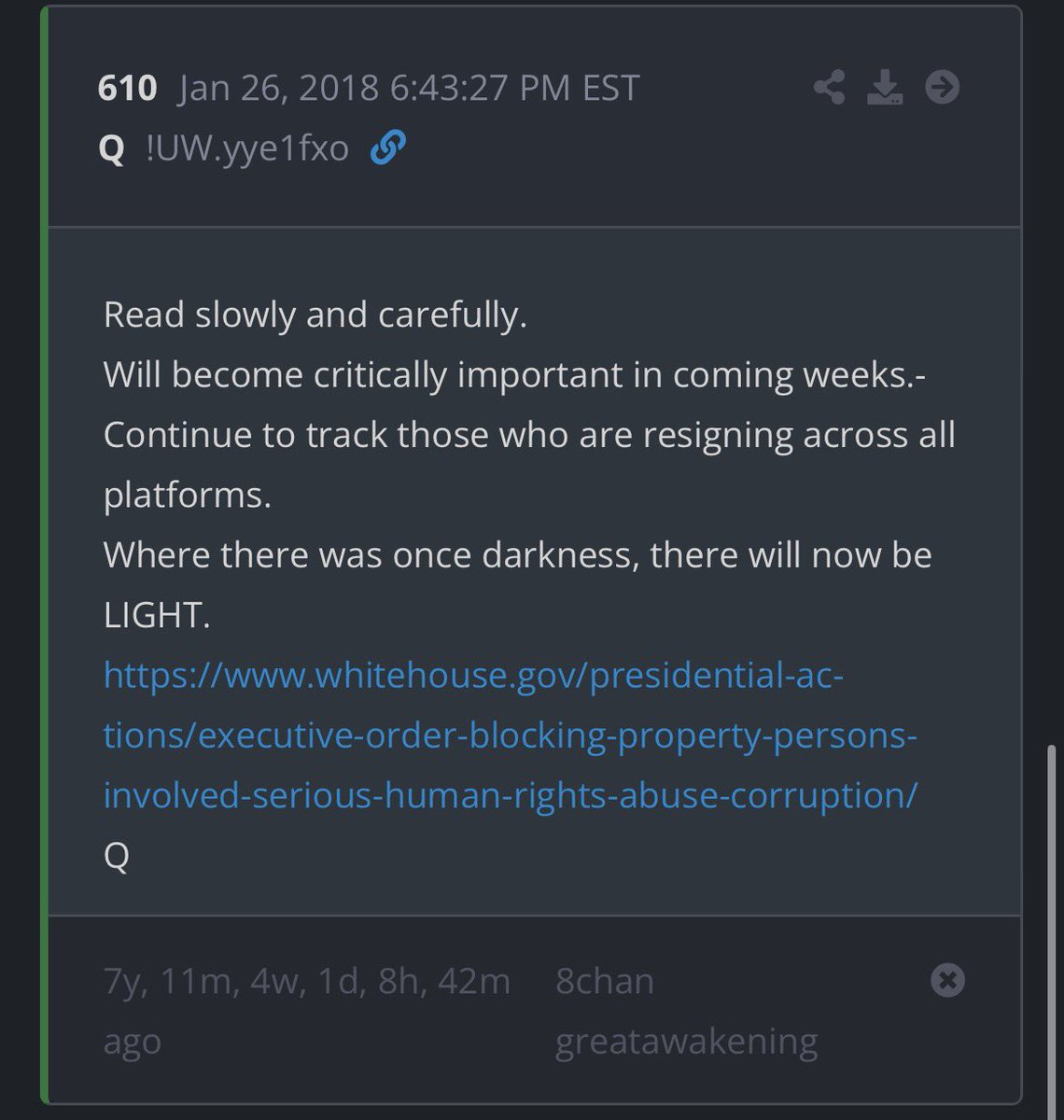 Tomorrow’s delta 🔥🔥🔥
Jan 26 

👉 Where there was once darkness, there will now be LIGHT. 

💡 💥
whitehouse.gov/presidential-a… 💥🔨

Q
