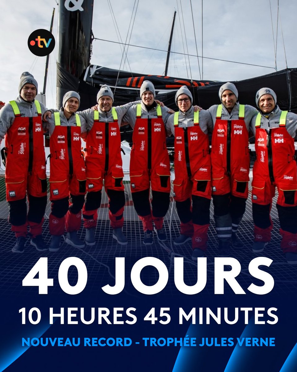 ⛵️ #Voile | 🏆 RECORD BATTU ! 
 
🌍 Thomas Coville et les six autres marins de Sodebo Ultim 3 bouclent le tour du monde à la voile en 40 jours, 10 heures, 45 minutes et 50 secondes - soit environ 12 heures de moins que la référence établie par Francis Joyon en 2017.