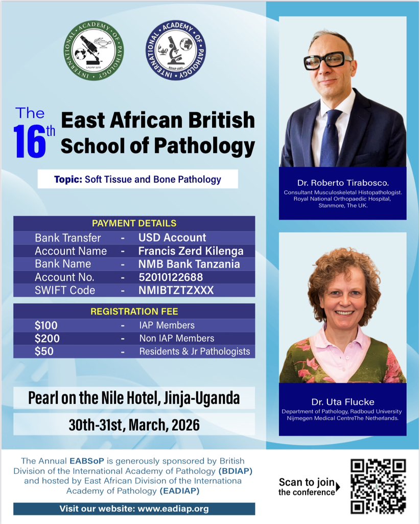 PositeCharles's tweet photo. The BDIAP hosted by EABDIAP invites you to the 16th East African British School of Pathology that will be held in Jinja (Uganda) on March 2026. Important details are on the poster attached.

#pathology #BDIAP #EABDIAP https://t.co/KtRM3onx9q