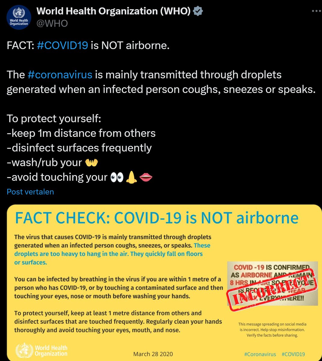 Bij zijn reactie op het uittreden van de VS uit de WHO vergat <a href="/DrTedros/">Tedros Adhanom Ghebreyesus</a>  gemakshalve deze falikant verkeerde informatie, die de WHO in maart 2020 uit deed gaan. De basis van een enorme schade voor zowel gezondheid, economie als maatschappij wereldwijd.