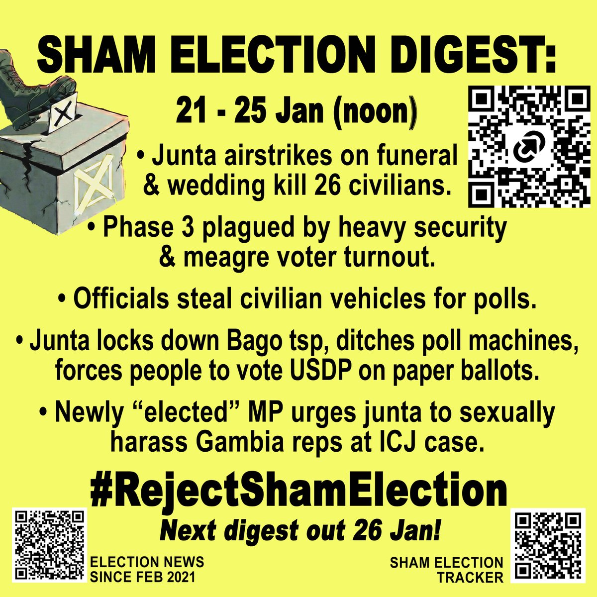 #Burma #Myanmar Sham Election Digest (with sources) covering noon 21 Jan - noon 25 Jan 2026  

ENG:tinyurl.com/yv369k2n
မြန်မာဘာသာ: tinyurl.com/ajhmtsf3 

Next Digest out TOMORROW!! 📷  

#RejectShamElection 
#WhatsHappeningInMyanmar 
#justicenotfakepolls