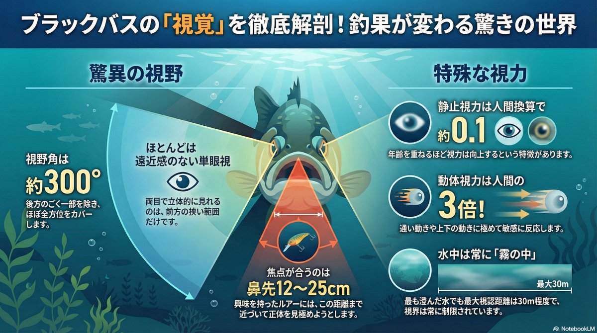 聴覚と側線に続いて、ブラックバスの視覚👁️について、インフォグラフィックでまとめてみました😊このデータを見ることで、ブラックバスの目の機能について学べます😃👍

YouTube動画でもブラックバスの視界について学べますので、コチラもよろしく🤗
　　　　
🎞️youtu.be/Q7uIGvEElIE