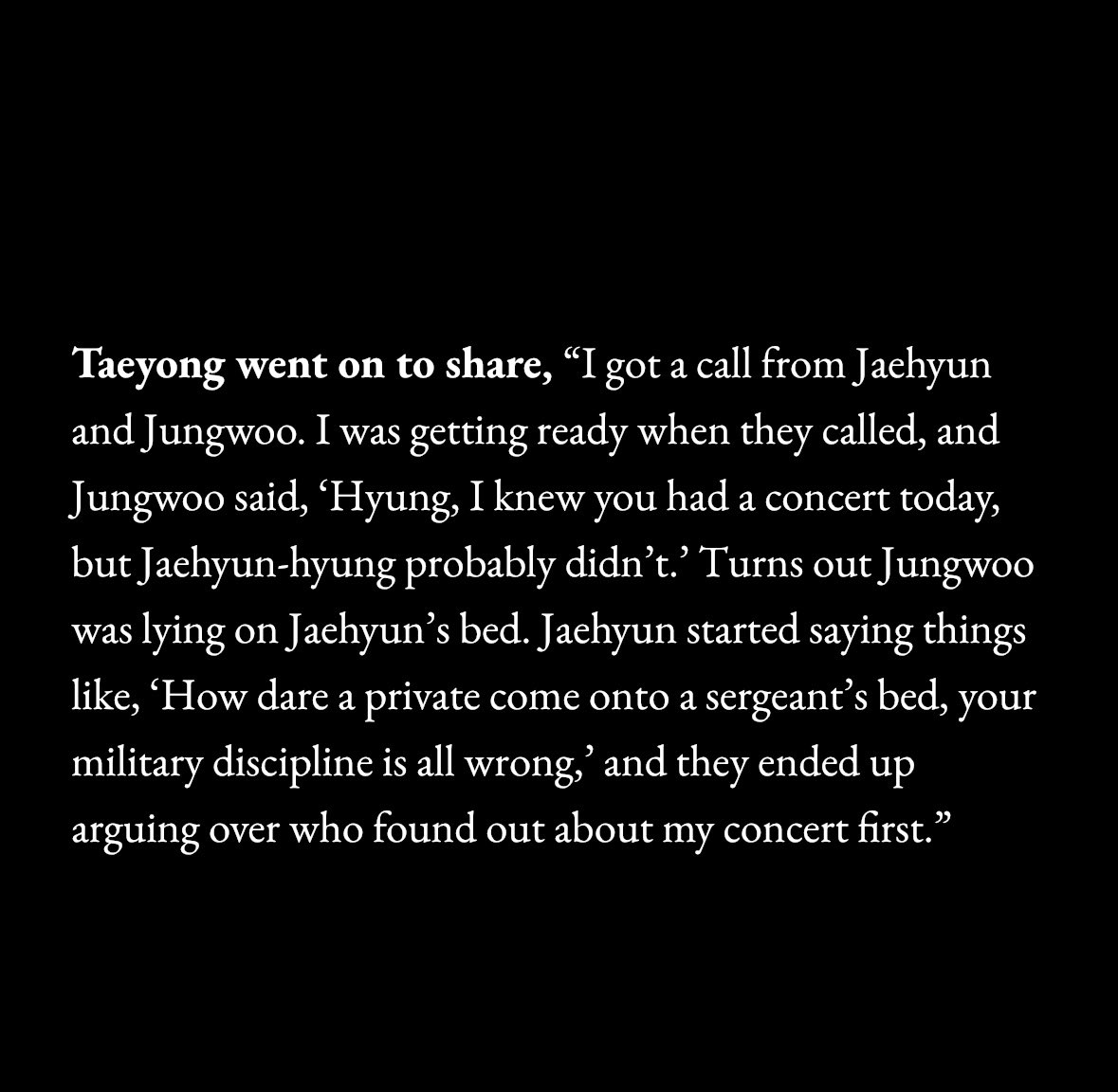 SUGARlNGPEACH's tweet image. Jaehyun x Jungwoo’s bickering about lying on Jeong’s sergeant bed &amp;amp; who knew about Taeyong’s concert first made it to the news article😭

TY: Turns out JW was lying on JH’s bed. JH said, ‘How dare a private come onto a sergeant’s bed, your military discipline is all wrong’..