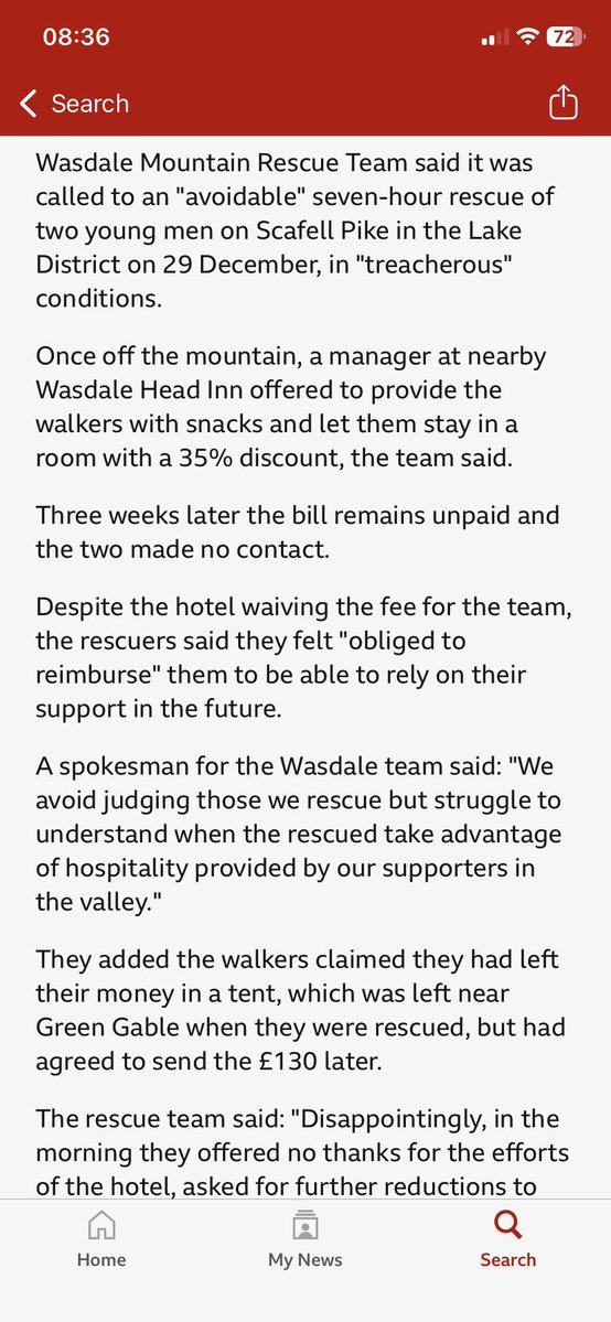 IamHappyHiker's tweet image. Unbelievable story. Rescued men still owe hotel bill three weeks after being rescued from Scafell Pike, not to mention having effectively stolen equipment lent to them. They should be named and shamed and prosecuted for their unpaid bill.  bbc.co.uk/news/articles/…
#LakeDistict
