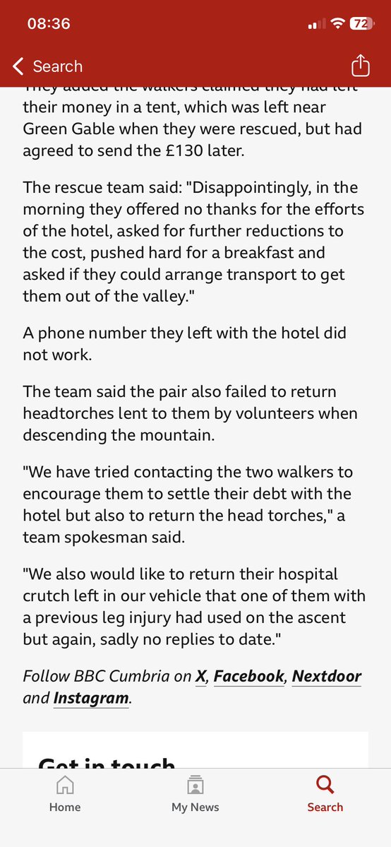 IamHappyHiker's tweet image. Unbelievable story. Rescued men still owe hotel bill three weeks after being rescued from Scafell Pike, not to mention having effectively stolen equipment lent to them. They should be named and shamed and prosecuted for their unpaid bill.  bbc.co.uk/news/articles/…
#LakeDistict