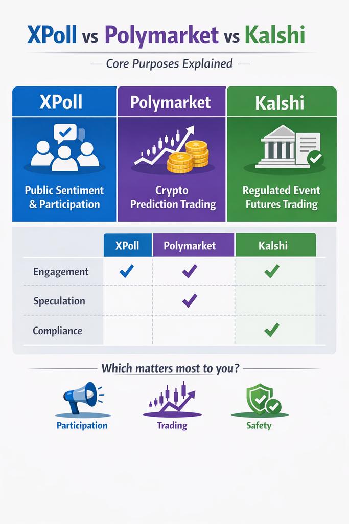 MASHUD_DAO14's tweet photo. XPoll vs Polymarket vs Kalshi  Know the Difference
XPoll:Public sentiment &amp; participation 
Polymarket: Crypto prediction trading 
Kalshi: Regulated event futures trading 
Which matters most 
@xpollplatform #PredictionMarkets #XPollVsPolymarket #PlatformDebate @Polymarket @Kalshi https://t.co/KxAtHKwbO4