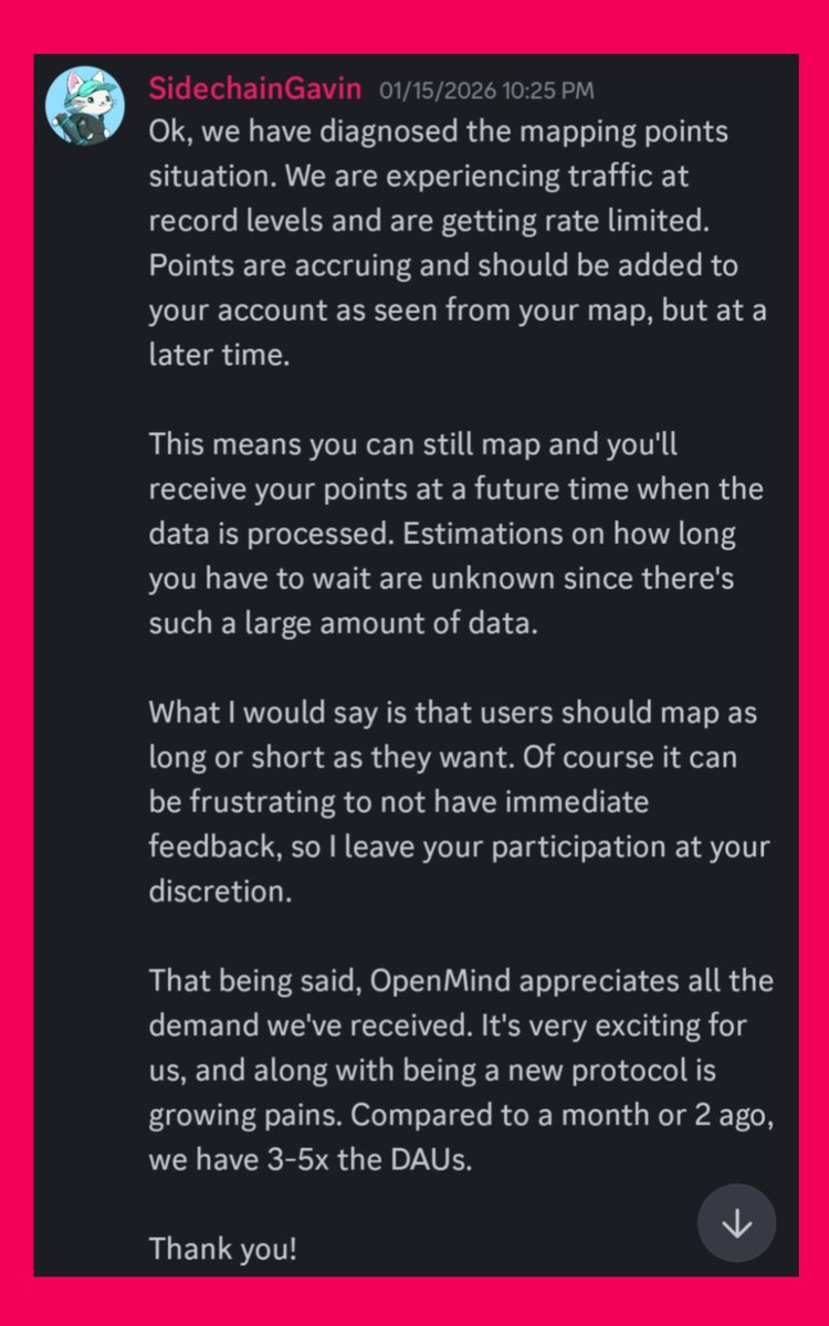 Outlandish555's tweet image. OpenMind Mapping Update

➪ OpenMind is seeing record traffic and getting rate-limited.
➪ Points are still accruing, but they may show up later, not instantly.
➪ You can keep mapping normally, your work is being counted.
➪ Usage has grown fast: 3–5× more daily active users…