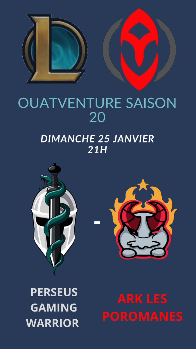 Début de la OUAT ce soir à 21h contre ARK LES POROMANES <a href="/ArrakisESport/">Arrakis E-Sport</a> ! Les PERSEUS GAMING WARRIOR de LoL seront en live sur Twitch twitch.tv/perseus_gaming… Venez pousser avec nous sur la faille !