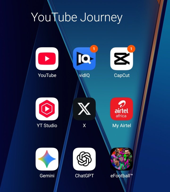 YouTube - OG
Vidiq - To look for ideas
Capcut - for editing 
YT studio - To check progress 
X- For Motivation
Airtel for data 😭 
Gemini - The auto and finisher of my progress 🔥 
Chatgpt - Personal assistant
Efootall - For relaxing

How do you lock in? 
Let's see yours 🫢
