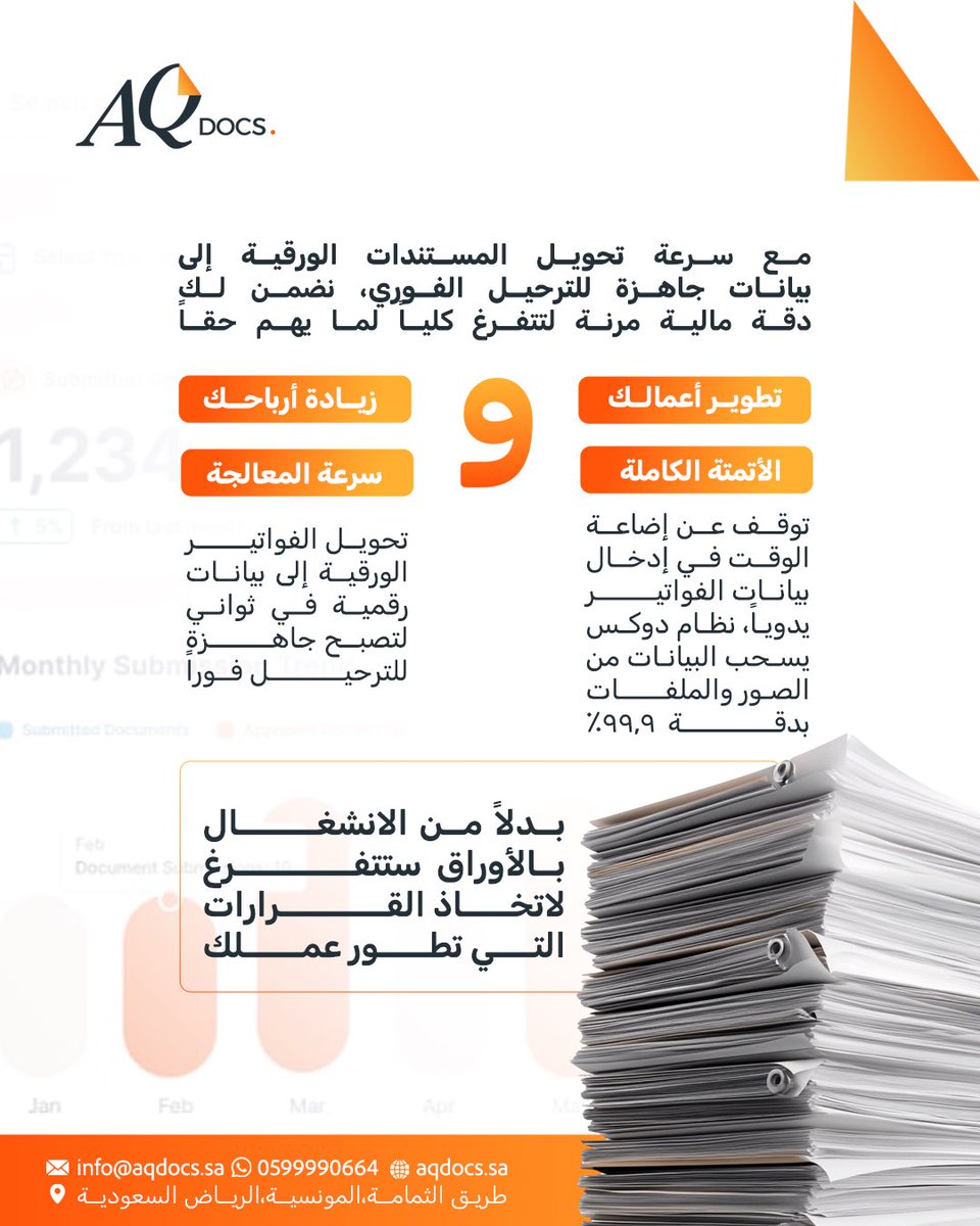 AQDOCS's tweet image. من خلال أتمتة معالجة الفواتير، نحن لا نمنحك دقة رقمية تصل إلى 99.9% فحسب، بل نستعيد لك مئات الساعات المهدرة في الإدخال اليدوي.🧡

مع سرعة تحويل المستندات الورقية إلى بيانات جاهزة للترحيل الفوري، نضمن لك دقة مالية مرنة لتتفرغ كلياً لما يهم حقاً: 
تطوير أعمالك وزيادة أرباحك.👌🏻
