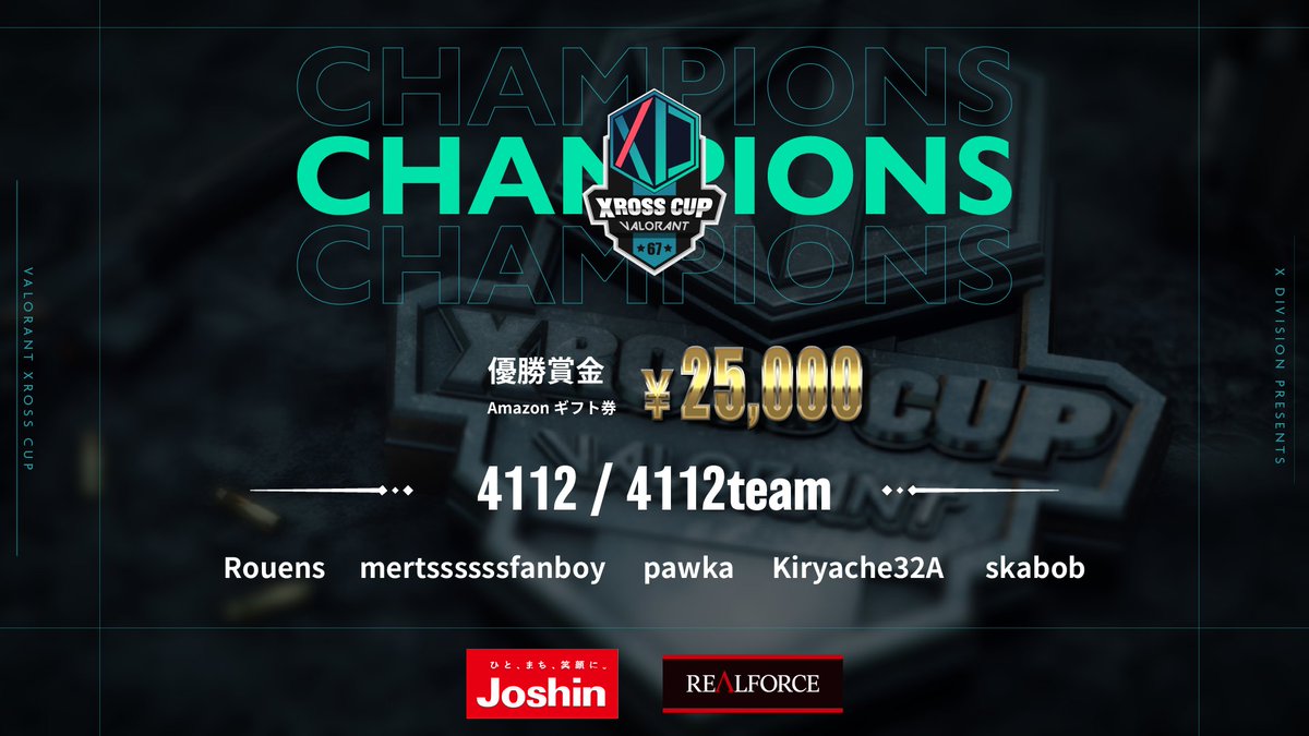 #VALORANT #XrossCup 67🏆

今大会の結果はこちらの通りとなりました📣

🏆4112 / 4112team
🥈SETOUCHI SPARKS YOUTH
🥉VERTEX
🥉Secret

4112 / 4112teamの皆さん、優勝おめでとうございます❗️

🟣Twitch  
twitch.tv/xdivisiongame

 #XDIVISION