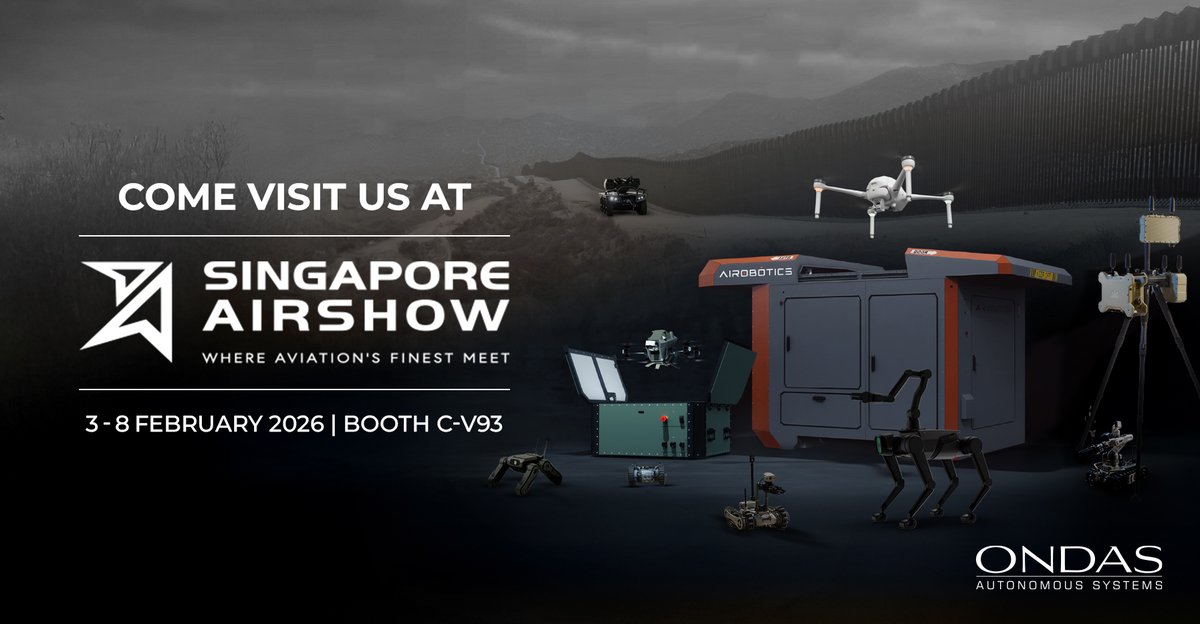 Come visit us at the <a href="/OndasHoldings/">Ondas Inc.</a> booth at the 2026 <a href="/SGAirshow/">Singapore Airshow</a> 🦾

Book your meeting here:
lnkd.in/daXPctkw

#Singaporeairshow2026